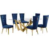 D401 7 Piece Dining Set in Tempered Glass, Polished Gold Stainless Steel & Navy Blue Velvet