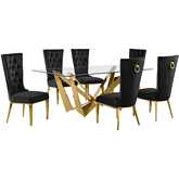 D401 7 Piece Dining Set in Tempered Glass, Polished Gold Stainless Steel & Black Velvet