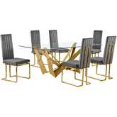 D401 7 Piece Dining Set in Tempered Glass, Polished Gold Stainless Steel & Dark Gray Velvet