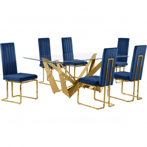 D401 7 Piece Dining Set in Tempered Glass, Polished Gold Stainless Steel & Navy Blue Velvet