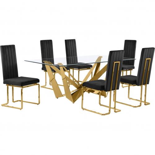D401 7 Piece Dining Set in Tempered Glass, Polished Gold Stainless Steel & Black Velvet