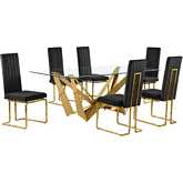 D401 7 Piece Dining Set in Tempered Glass, Polished Gold Stainless Steel & Black Velvet