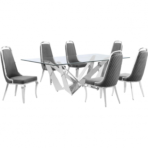 D402 7 Piece Dining Set in Tempered Glass, Polished Stainless Steel & Dark Gray Velvet
