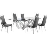 D402 7 Piece Dining Set in Tempered Glass, Polished Stainless Steel & Dark Gray Velvet