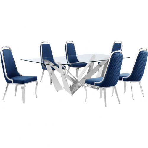 D402 7 Piece Dining Set in Tempered Glass, Polished Stainless Steel & Navy Blue Velvet