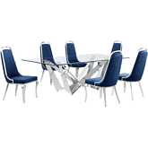 D402 7 Piece Dining Set in Tempered Glass, Polished Stainless Steel & Navy Blue Velvet