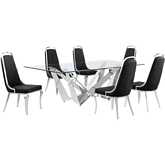 D402 7 Piece Dining Set in Tempered Glass, Polished Stainless Steel & Black Velvet