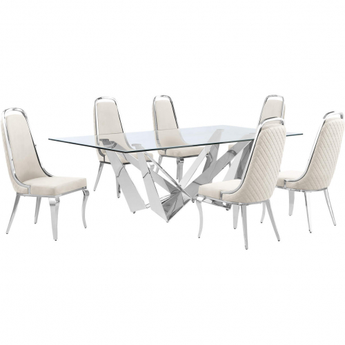 D402 7 Piece Dining Set in Tempered Glass, Polished Stainless Steel & Cream Velvet