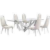 D402 7 Piece Dining Set in Tempered Glass, Polished Stainless Steel & Cream Velvet