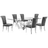 D402 7 Piece Dining Set in Tempered Glass, Polished Stainless Steel & Dark Gray Velvet