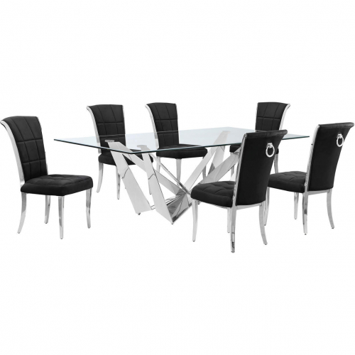 D402 7 Piece Dining Set in Tempered Glass, Polished Stainless Steel & Black Velvet
