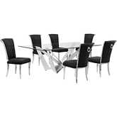 D402 7 Piece Dining Set in Tempered Glass, Polished Stainless Steel & Black Velvet