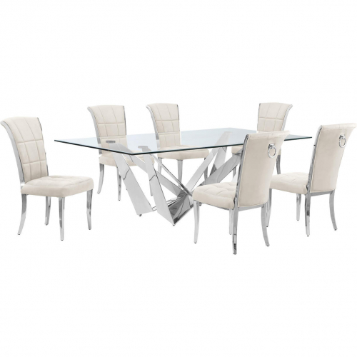 D402 7 Piece Dining Set in Tempered Glass, Polished Stainless Steel & Cream Velvet