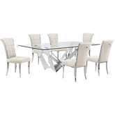 D402 7 Piece Dining Set in Tempered Glass, Polished Stainless Steel & Cream Velvet