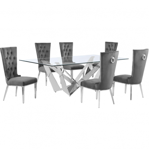 D402 7 Piece Dining Set in Tempered Glass, Polished Stainless Steel & Dark Gray Velvet