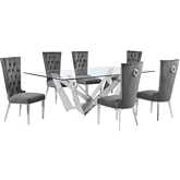 D402 7 Piece Dining Set in Tempered Glass, Polished Stainless Steel & Dark Gray Velvet