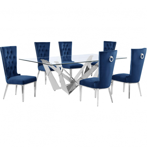 D402 7 Piece Dining Set in Tempered Glass, Polished Stainless Steel & Navy Blue Velvet