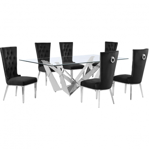 D402 7 Piece Dining Set in Tempered Glass, Polished Stainless Steel & Black Velvet