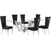 D402 7 Piece Dining Set in Tempered Glass, Polished Stainless Steel & Black Velvet