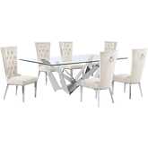D402 7 Piece Dining Set in Tempered Glass, Polished Stainless Steel & Cream Velvet