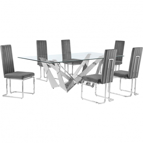 D402 7 Piece Dining Set in Tempered Glass, Polished Stainless Steel & Dark Gray Velvet