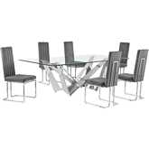 D402 7 Piece Dining Set in Tempered Glass, Polished Stainless Steel & Dark Gray Velvet