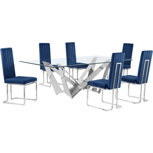 D402 7 Piece Dining Set in Tempered Glass, Polished Stainless Steel & Navy Blue Velvet