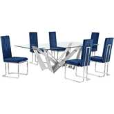 D402 7 Piece Dining Set in Tempered Glass, Polished Stainless Steel & Navy Blue Velvet