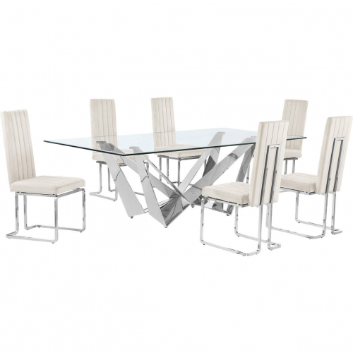 D402 7 Piece Dining Set in Tempered Glass, Polished Stainless Steel & Cream Velvet