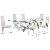 D402 7 Piece Dining Set in Tempered Glass, Polished Stainless Steel & Cream Velvet