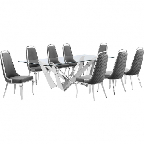 D402 9 Piece Dining Set in Tempered Glass, Polished Stainless Steel & Dark Gray Velvet