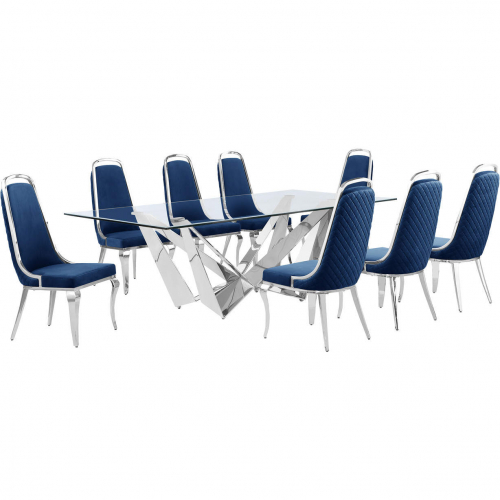 D402 9 Piece Dining Set in Tempered Glass, Polished Stainless Steel & Navy Blue Velvet