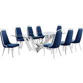 D402 9 Piece Dining Set in Tempered Glass, Polished Stainless Steel & Navy Blue Velvet