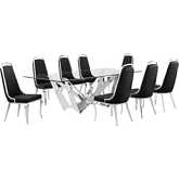 D402 9 Piece Dining Set in Tempered Glass, Polished Stainless Steel & Black Velvet