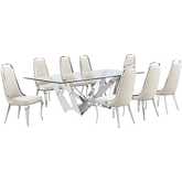 D402 9 Piece Dining Set in Tempered Glass, Polished Stainless Steel & Cream Velvet