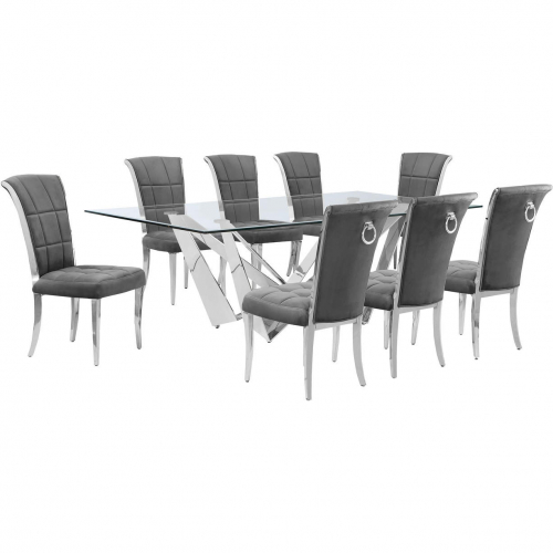 D402 9 Piece Dining Set in Tempered Glass, Polished Stainless Steel & Dark Gray Velvet