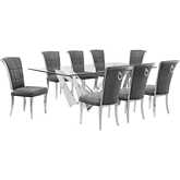 D402 9 Piece Dining Set in Tempered Glass, Polished Stainless Steel & Dark Gray Velvet