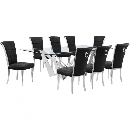 D402 9 Piece Dining Set in Tempered Glass, Polished Stainless Steel & Black Velvet