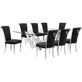 D402 9 Piece Dining Set in Tempered Glass, Polished Stainless Steel & Black Velvet