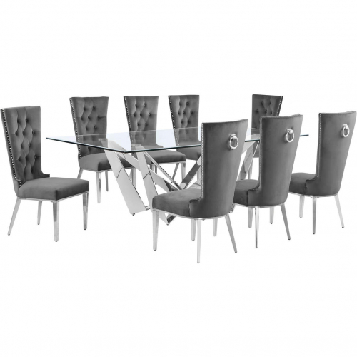 D402 9 Piece Dining Set in Tempered Glass, Polished Stainless Steel & Dark Gray Velvet