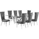 D402 9 Piece Dining Set in Tempered Glass, Polished Stainless Steel & Dark Gray Velvet