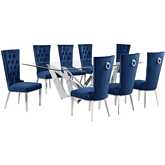 D402 9 Piece Dining Set in Tempered Glass, Polished Stainless Steel & Navy Blue Velvet