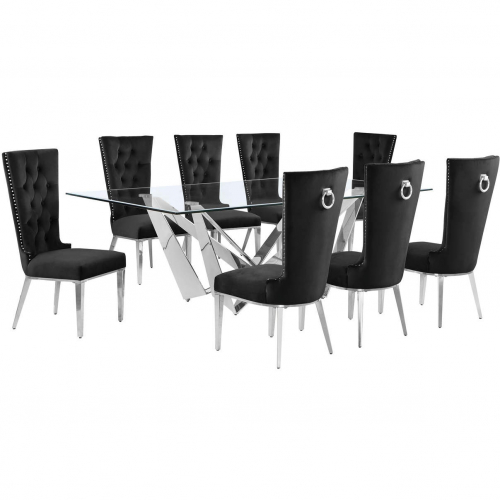D402 9 Piece Dining Set in Tempered Glass, Polished Stainless Steel & Black Velvet