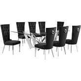 D402 9 Piece Dining Set in Tempered Glass, Polished Stainless Steel & Black Velvet