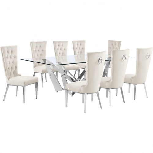 D402 9 Piece Dining Set in Tempered Glass, Polished Stainless Steel & Cream Velvet