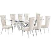 D402 9 Piece Dining Set in Tempered Glass, Polished Stainless Steel & Cream Velvet