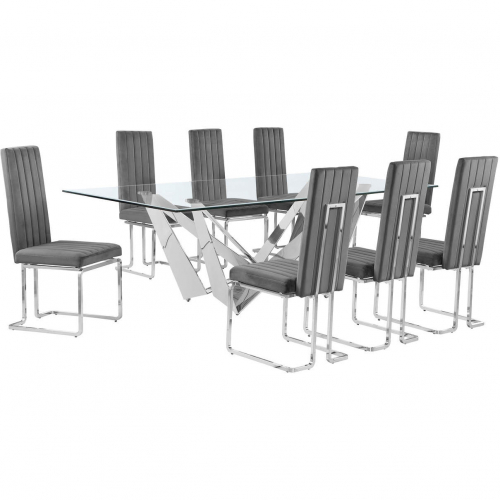 D402 9 Piece Dining Set in Tempered Glass, Polished Stainless Steel & Dark Gray Velvet