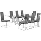 D402 9 Piece Dining Set in Tempered Glass, Polished Stainless Steel & Dark Gray Velvet