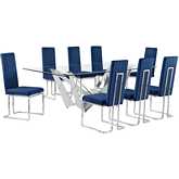 D402 9 Piece Dining Set in Tempered Glass, Polished Stainless Steel & Navy Blue Velvet