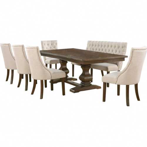 D42 7 Piece Extendable Dining Set with Bench in Walnut Finish Wood & Beige Linen